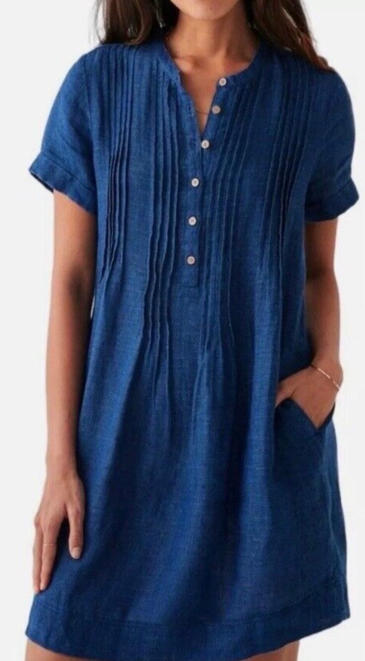 Faherty Gemina Dress Women XS Indigo New Linen Pintuck Pleat Shift WDC0007